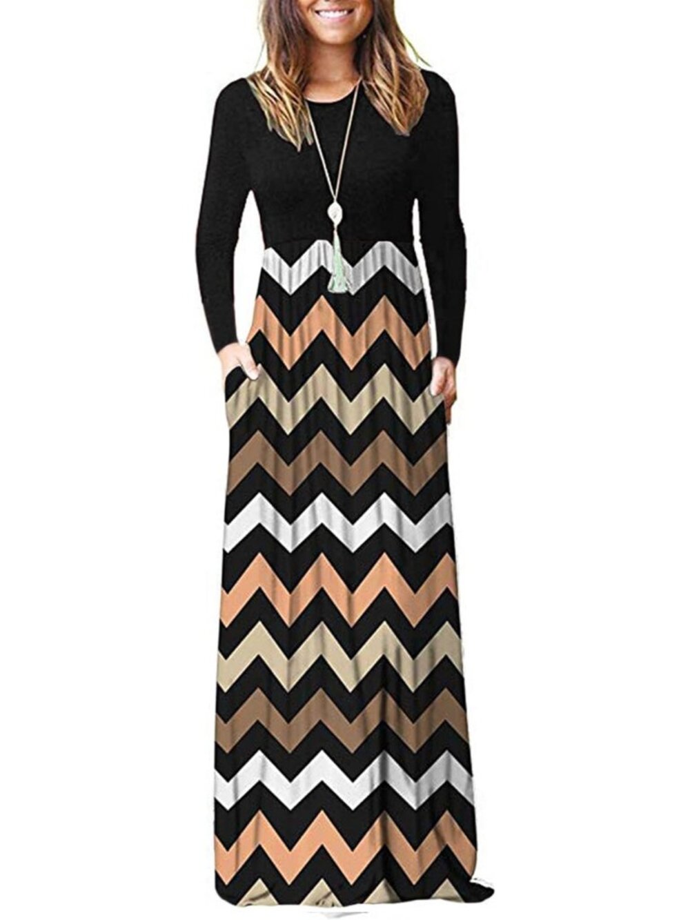 Women's Striped Black Crew Neck Long Sleeve Pull On Casual Pockets Maxi Dresses
